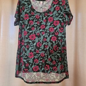 LuLaRoe Black Short Sleeve Scoop Neck Top with Pink & Teal Floral Print